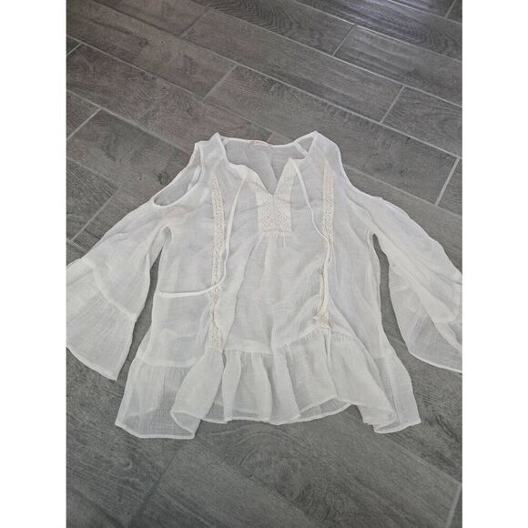 Altar'd State Cold Shoulder Peasant Blouse Crochet Trim‎ White Bohemian Flowy S - Picture 1 of 7